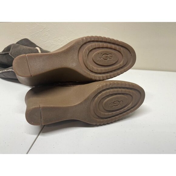 Ugg Womens 9 Tall Boots Wedge Brown Leather Shearling Fold Over 5451 Sandra - Picture 14 of 15